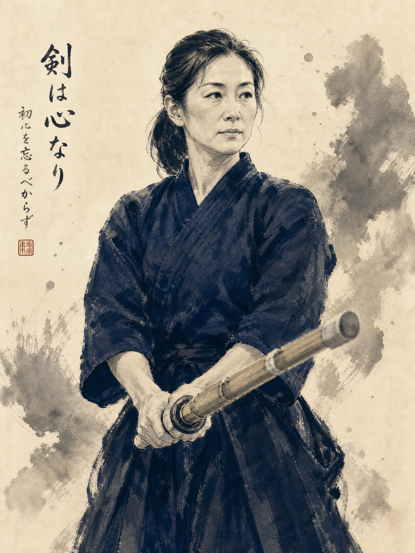 女性剑道指导员水墨风肖像