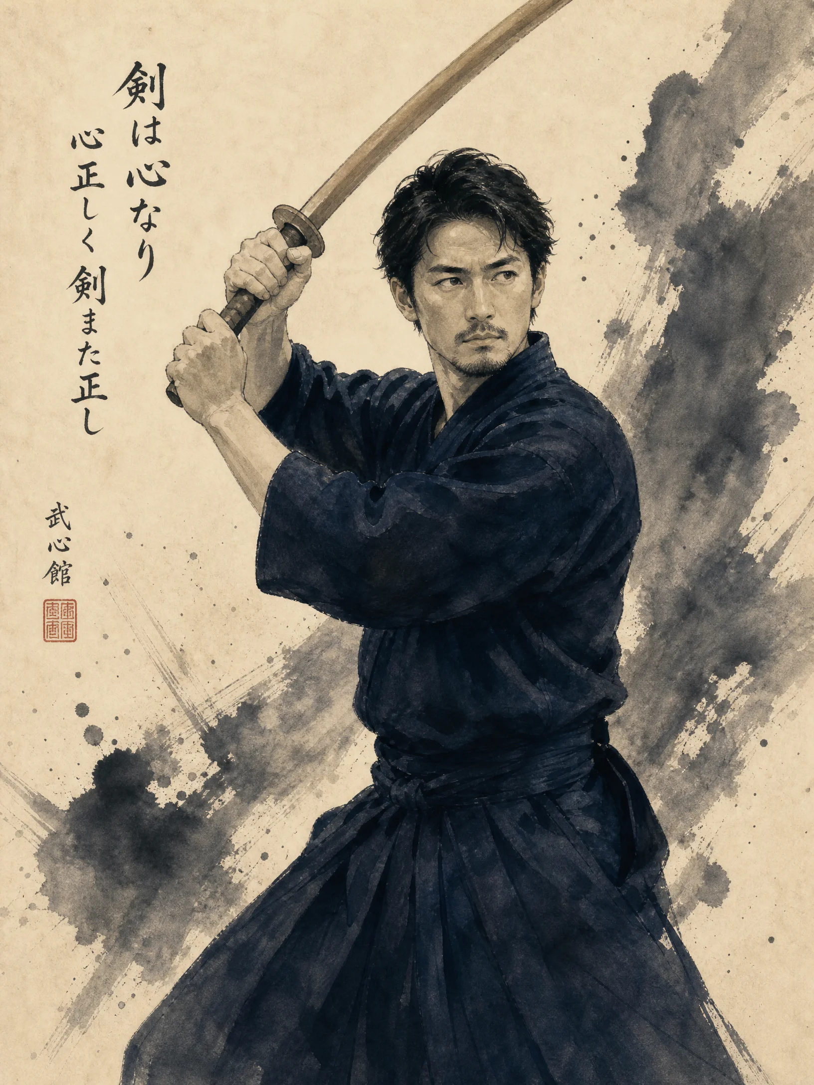 青年剑道指导员水墨风肖像