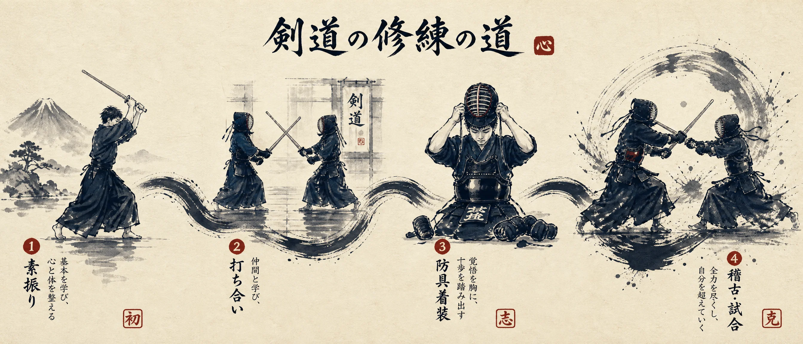 剑道修行历程水墨时间轴插画